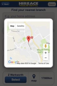 Hireace Trailers mobile app - Search by Branch Map